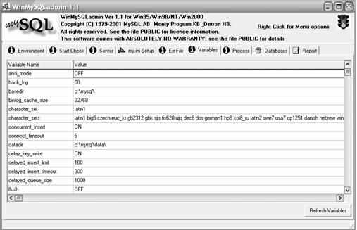   SHOW VARIABLES   WinMySQLadmin